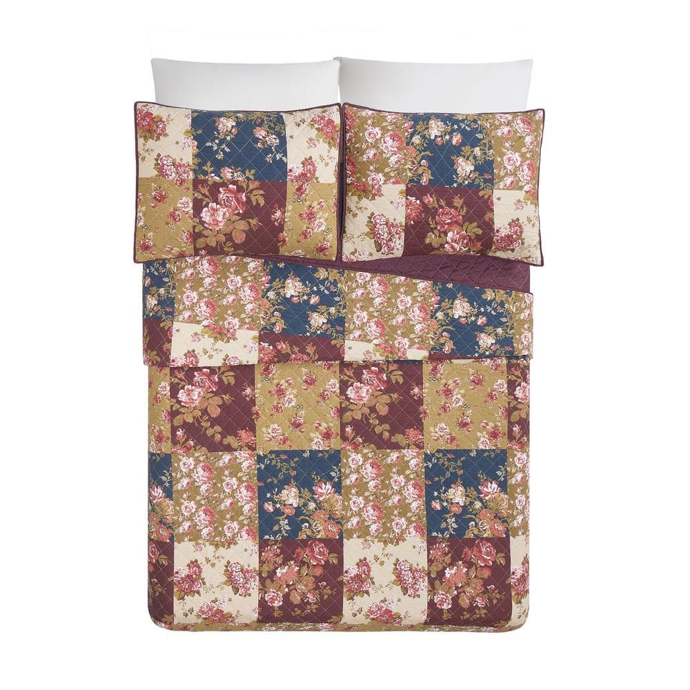 Germaine Red and Blue Floral Twin Cotton Quilt Set