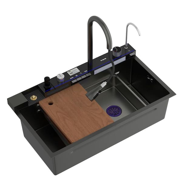 Workstation 31.5 in. Drop-In Single Bowl Nano Black 304 Stainless Steel Kitchen Sink and Digital Display, Cup Rinser