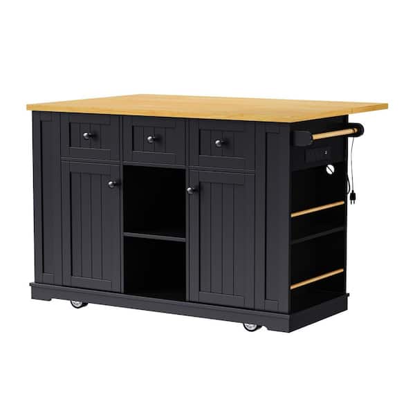 PARASOLAR Black Wood 53 in. Kitchen Island with 2 Bar Stools Drop Leaf, 5 Open Side Racks, Power Outlet and Internal Storage Rack