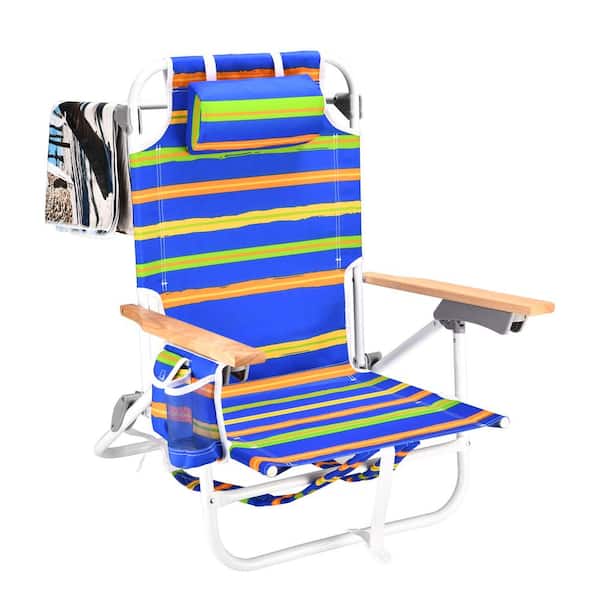 MEOOEM 1-Piece Folding Backpack Beach Chair, 5-Position Aluminum Chair with Pocket, Cup Holder and Beach Towel, BlueStrp