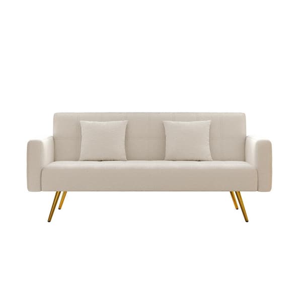71.7 in. Beige Teddy Fabric Twin Size Adjustable Sofa Bed with 2 Pillows