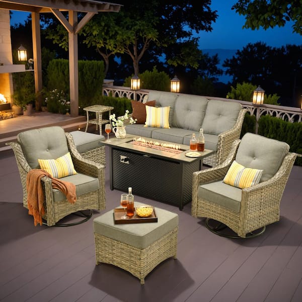Caodoc Harpera 7-Piece Wicker Outdoor Patio Conversation Sofa Seating Set with Swivel Rocker, Dark Gray Cushions,Metal Fire Pit