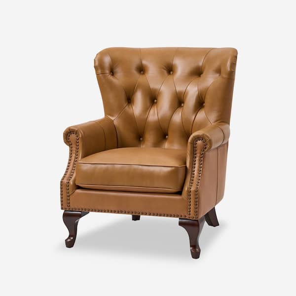JAYDEN CREATION Eberhard Camel Genuine Leather Arm Chair with Nailhead Trims and Removable Cushion