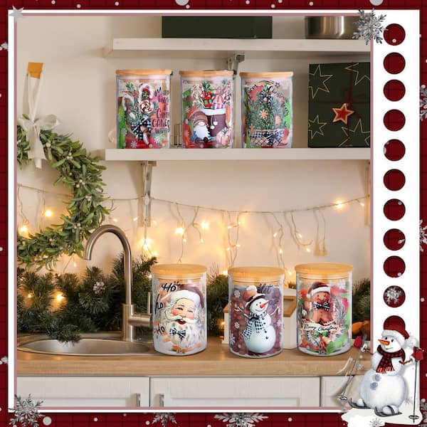 6 Pcs 19 oz. Clear Glass Christmas Storage Jar with Airtight Bamboo Lid Classic Snowman Canister Santa Bell for Kitchen