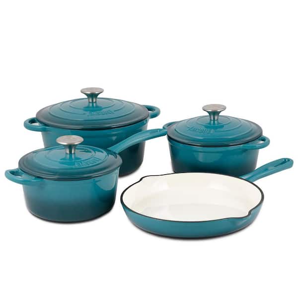 BASQUE 7-Piece Enameled Cast Iron Nonstick Cookware Set in Biscay Blue