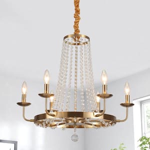 6-Light 25.59 in. Gold Crystal Round Wagon Wheel Chandelier for Dining Room Kitchen Bedroom