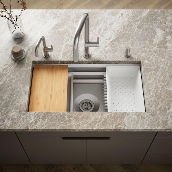 Prolific Workstation Undermount Stainless Steel 33 in. Single Bowl Kitchen Sink Kit with Accessories