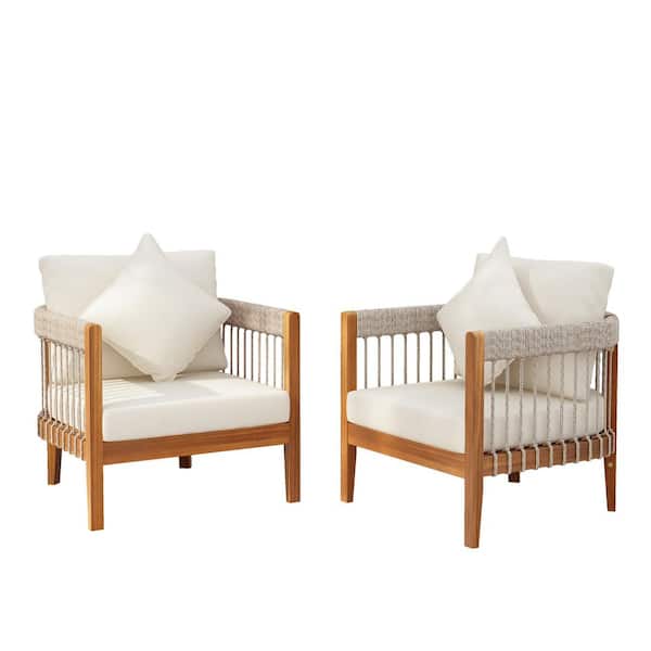 2 Pieces Acacia Wood Outdoor Lounge Chair with Removable Beige Cushions