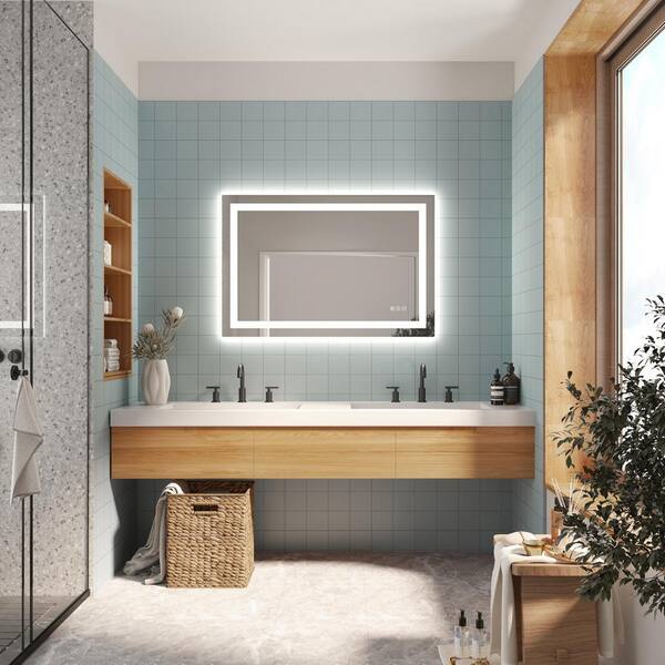 FORIOUS 31 in. W x 47 in. H Large Rectangular Frameless LED Light Wall Bathroom Vanity Mirror in Silver