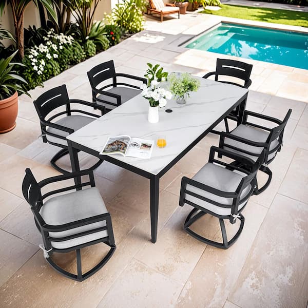 Modern Ember Black 7-Piece Aluminum Rectangular Outdoor Dining Set with White Marble Stone Table, Cast Silver Cushions
