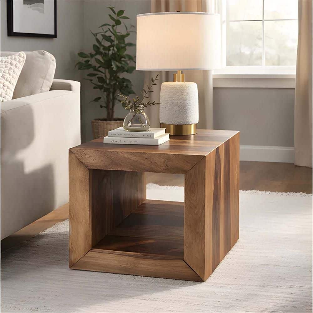 THE URBAN PORT Cube Shaped Brown Rosewood Side Table with Cutout