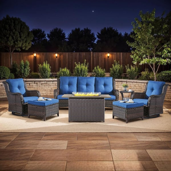 Brown Swivel Wicker Outdoor Rocking Chair with Blue Cushions and Glide Function (2-Pack)