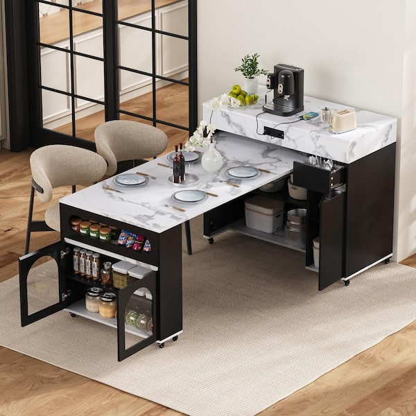 Black and Marble White Veneered Wood Column Extendable Dining Table Seat 4, Rolling Kitchen Island with Brake Lock