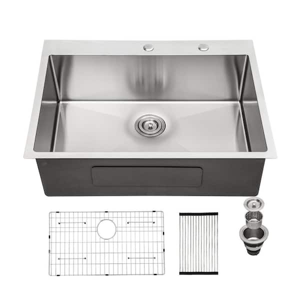 28 in. Drop-In Single Bowl 16-Gauge Stainless Steel Kitchen Sink with 304 Stainless Steel Dish Grid and Pack Clips