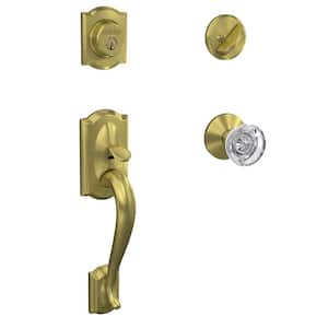 Custom Camelot Satin Brass Single Cylinder Door Handleset with Hobson Glass Door Knob and Kinsler Trim