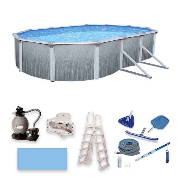 Blue Wave Martinique 15 ft. x 30 ft. Oval x 52 in. Deep Metal Wall Above Ground Pool Package with 7 in. Top Rail