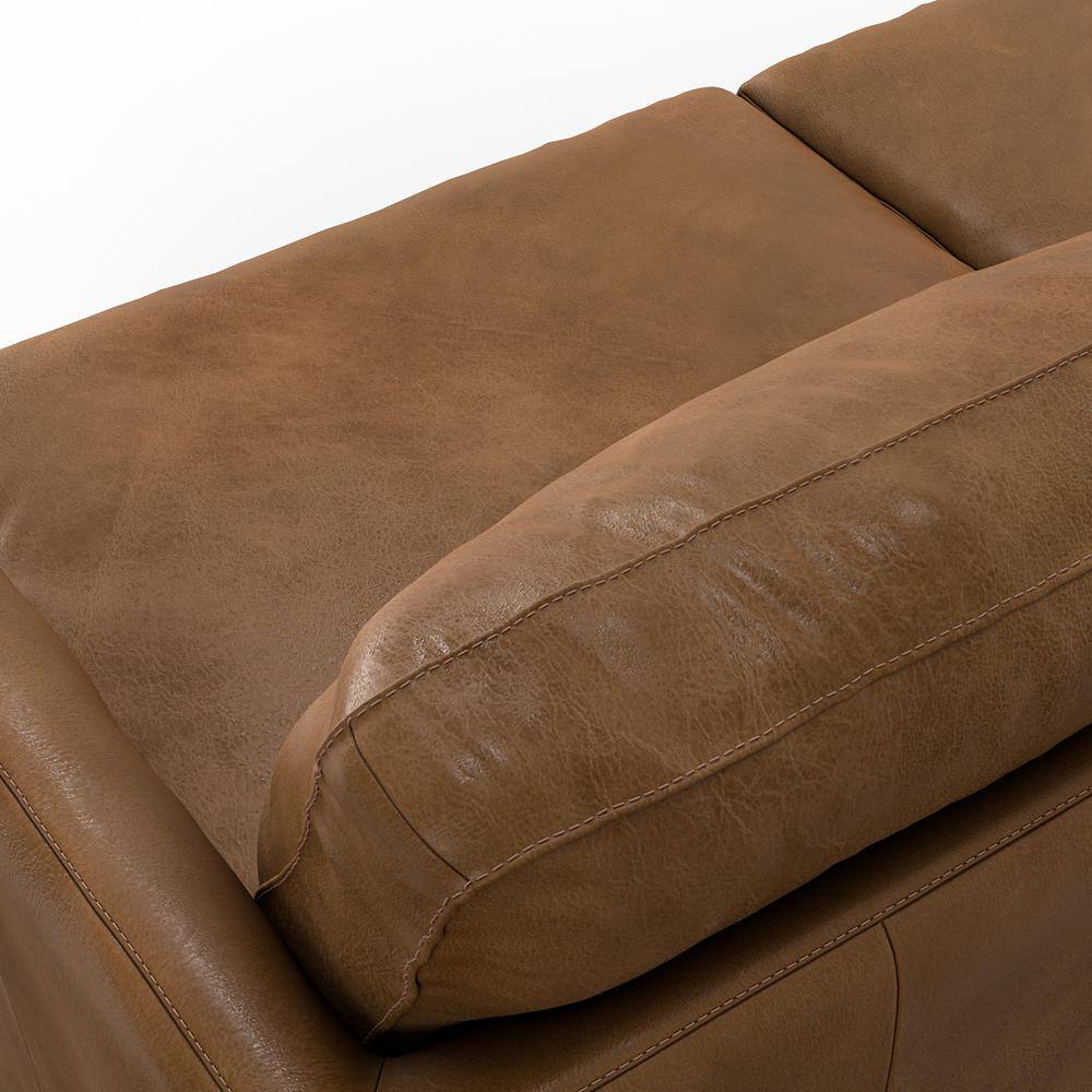 Caramel Brown Genuine Leather Mid-Century Modern Sofa with Removable Cushions