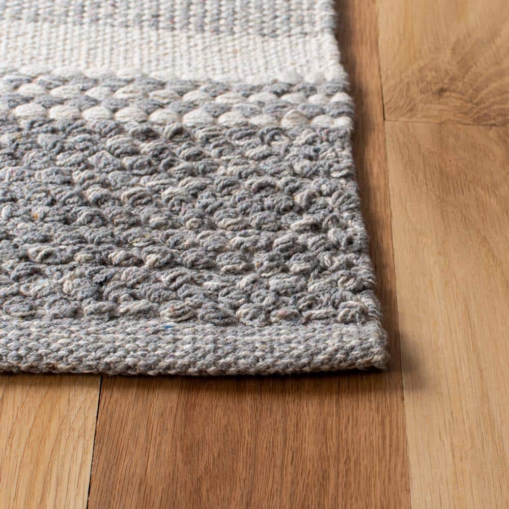 Ivory and Grey Striped Wool Cotton Runner Rug