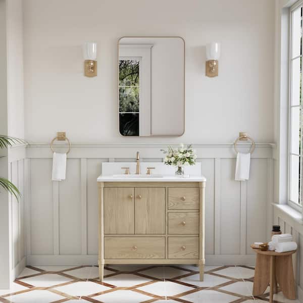 36 in. OAK Solid Wood Bath Vanity White Quartz Top, Single Sink, Soft-Close Doors, Drawers, CUPC Certified, Assembled