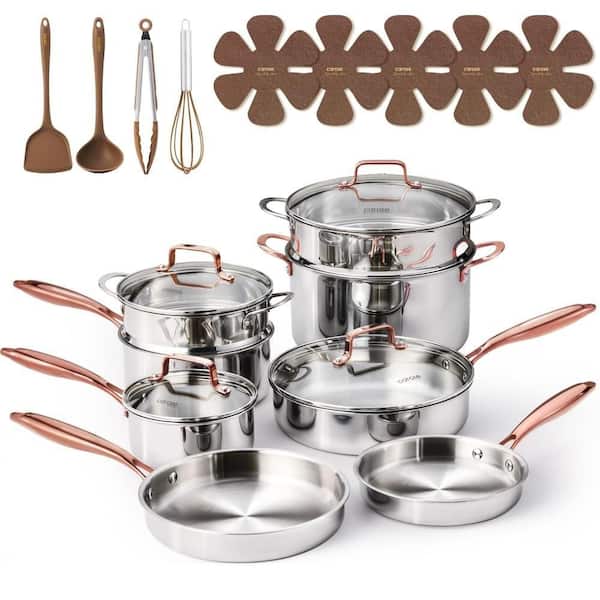 Gold 21 Piece Stainless Steel Cookware Set, Tri-Ply Fully Clad Non Toxic Induction Kitchen Pots and Pans Set