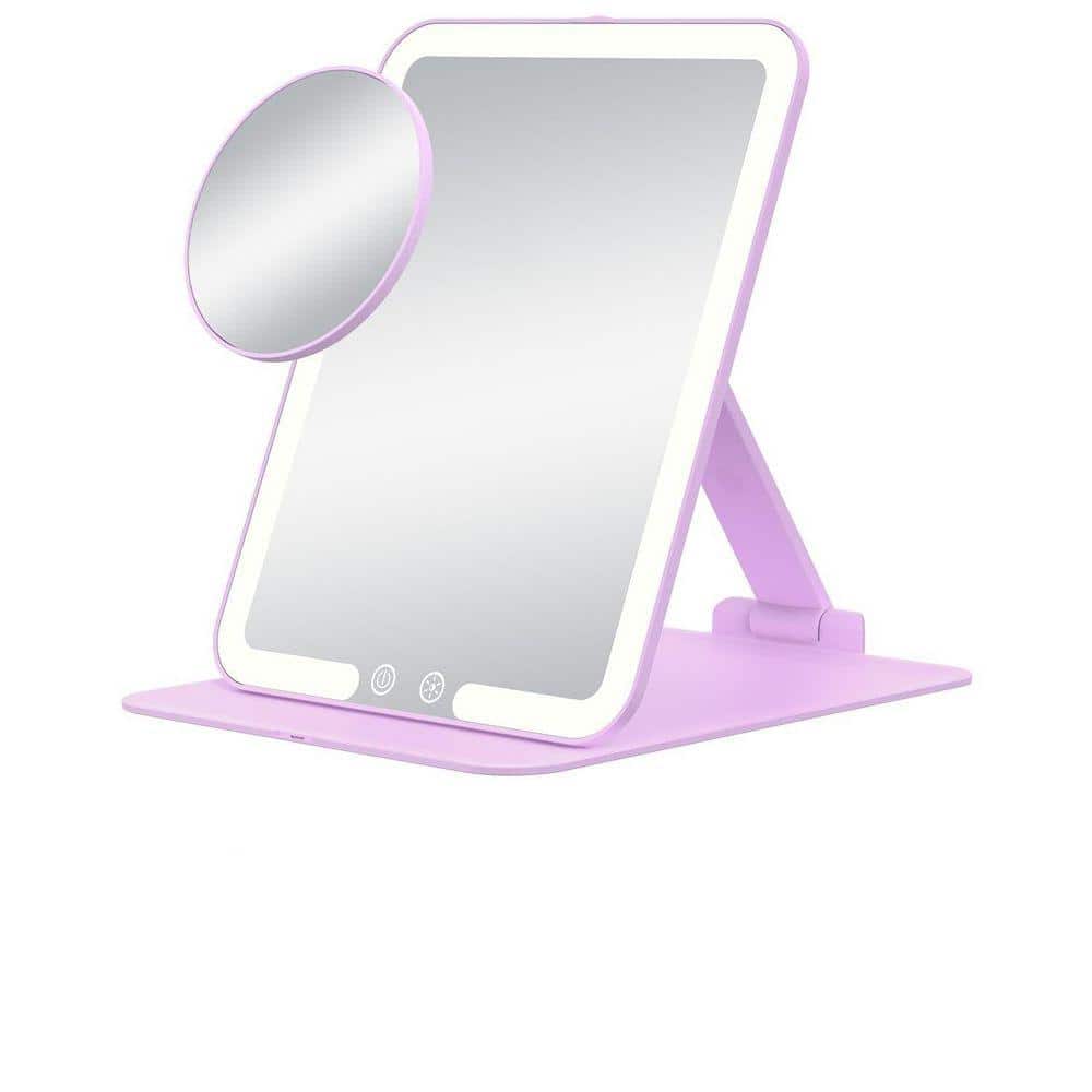 6.1 in. W x 7.8 in. H Rectangle Lighted Tabletop Bathroom Makeup Mirror with Adjustable Stand, Magnification 10X,Purple