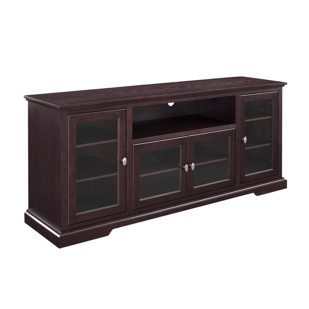 Espresso 70" TV Stand with Glass Cabinets and Shelves