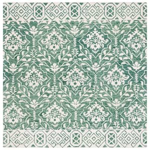 Dip Dye Dark Green/Ivory 7 ft. x 7 ft. Border Floral Medallion Square Area Rug