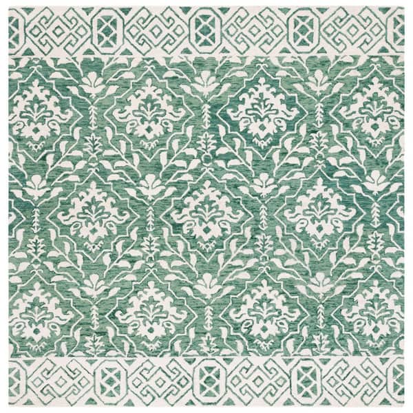 SAFAVIEH Dip Dye Dark Green/Ivory 7 ft. x 7 ft. Border Floral Medallion Square Area Rug