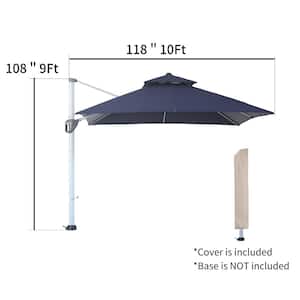 10 ft. Square Aluminum Patio Cantilever Umbrella 360 Rotation Dual Top Design Umbrella with Umbrella Cover in Navy Blue