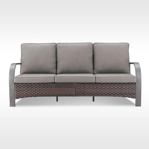 Opohoro ArcMetal Metal and Brown Wicker Outdoor 3-Seat Sectional Couch Sofa with Olefin Gray Cushions