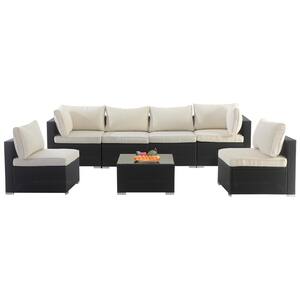 Black 7-Pieces PE Rattan Wicker All-Weather Outdoor Patio Sectional Set, with Coffee Table and Beige Couch Cushions