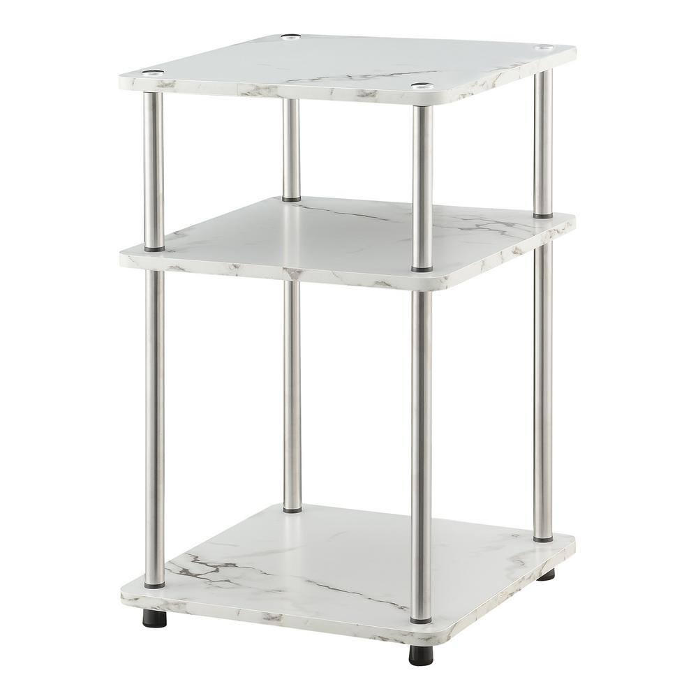 White Faux Marble Wood and Metal Three-Tier End Table