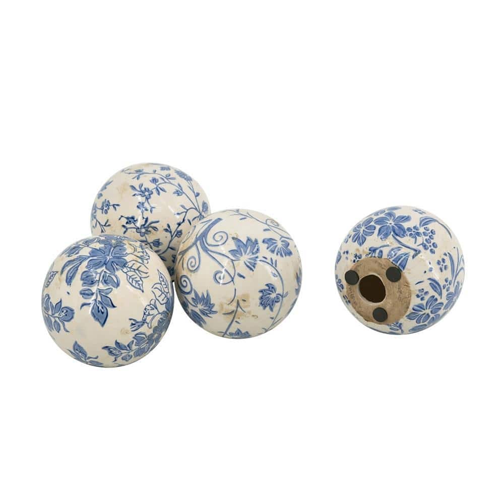 Blue and White Floral Ceramic Decorative Balls Set of 4