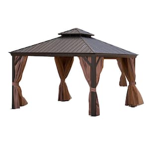 12 ft. x 12 ft. Bronze Metal Hardtop Gazebo with Double Roof Pergola, Netting and Curtain