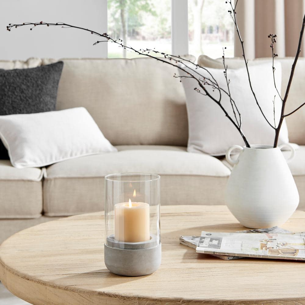 Small Cool Gray Cement Base and Glass Hurricane Candle Holder