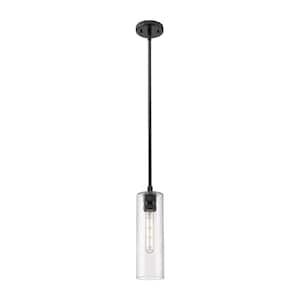 Crown Point 100-Watt 1 Light Matte Black Shaded Pendant Light with Seeded glass Seeded Glass Shade