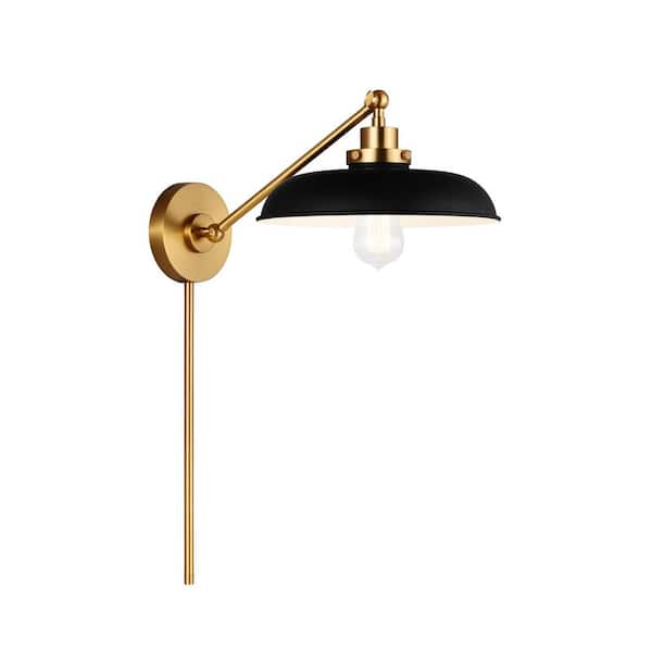 Generation Lighting - Wellfleet 11 in. W x 8.75 in. H 1-Light Midnight Black/Burnished Brass Single Arm Wide Task Wall Sconce with Steel Shade