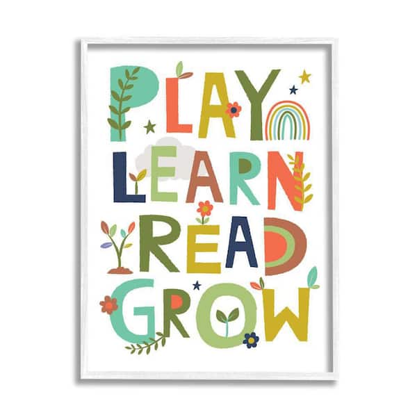 The Stupell Home Decor Collection Play Learn Read Grow Children's Rainbow Flowers by Lisa Perry Whitebutton Framed Typography Art Print 30 in. x 24 in.