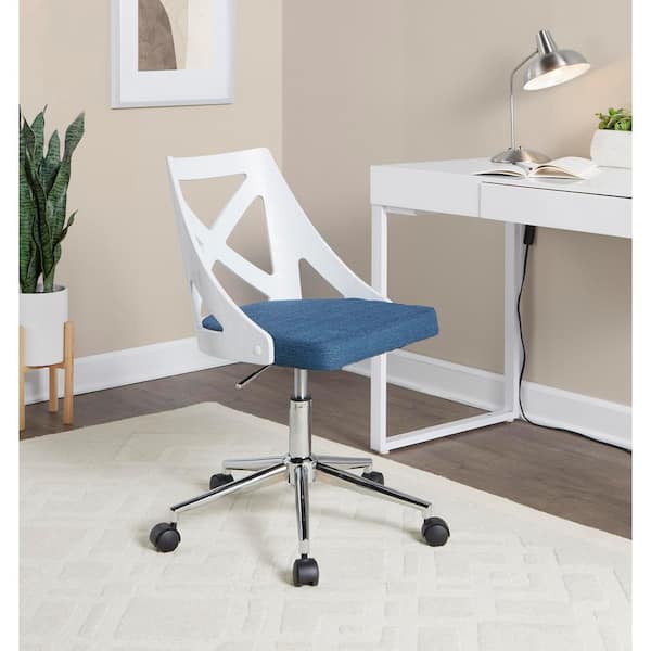 Charlotte Fabric Adjustable Task Chair in Blue Fabric, White Textured Wood and Chrome Metal with 5-Star Caster Base