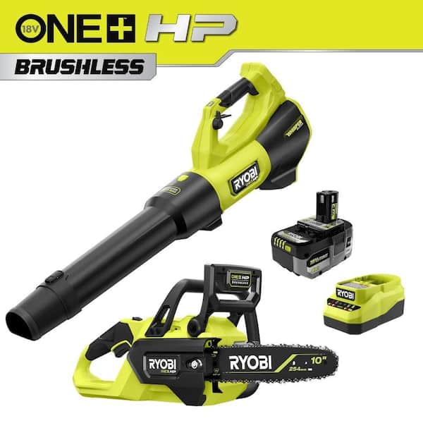 ONE+ HP 18V Brushless 10 in. Cordless Battery Chainsaw with 130 MPH 510 CFM Leaf Blower, 6.0 Ah Battery and Charger