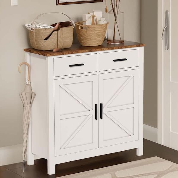 Unbranded White 31.6 in. Tall Particle Board 2-Door Storage Cabinet Farmhouse Buffet Cabinet Coffee Bar Cabinet with 2-Drawers