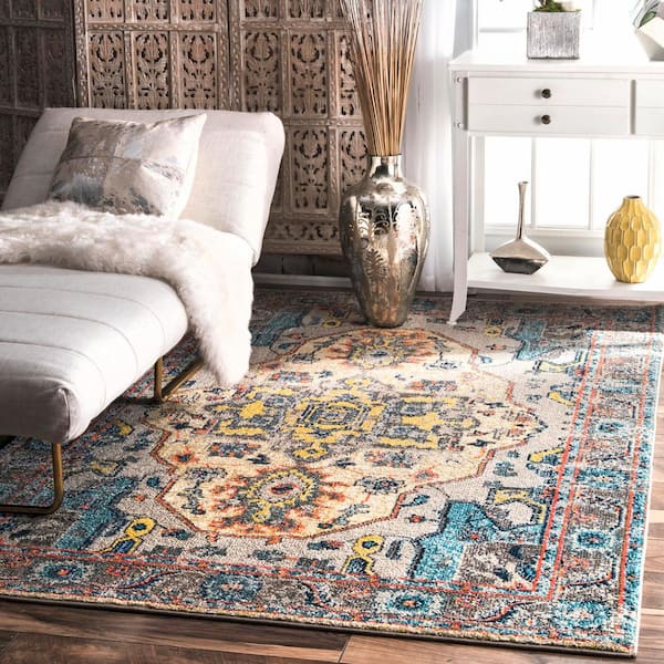 Grey White Thick Living Room Rug Border Design Vintage Charm Mat Durable Carpet 