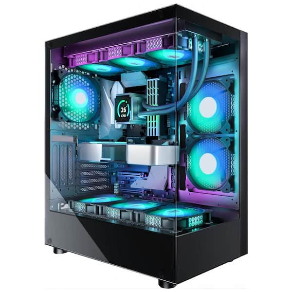 ATX Mid Tower Computer Case with 6 PWM ARGB Fans, Full-View Dual Tempered Glass, Black