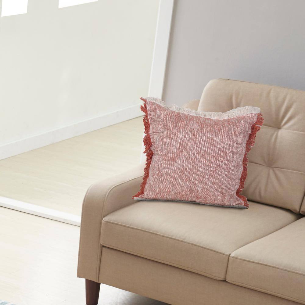 Sevita Auburn Red & White Cotton Fringe Square Throw Pillow - 20" x 20"