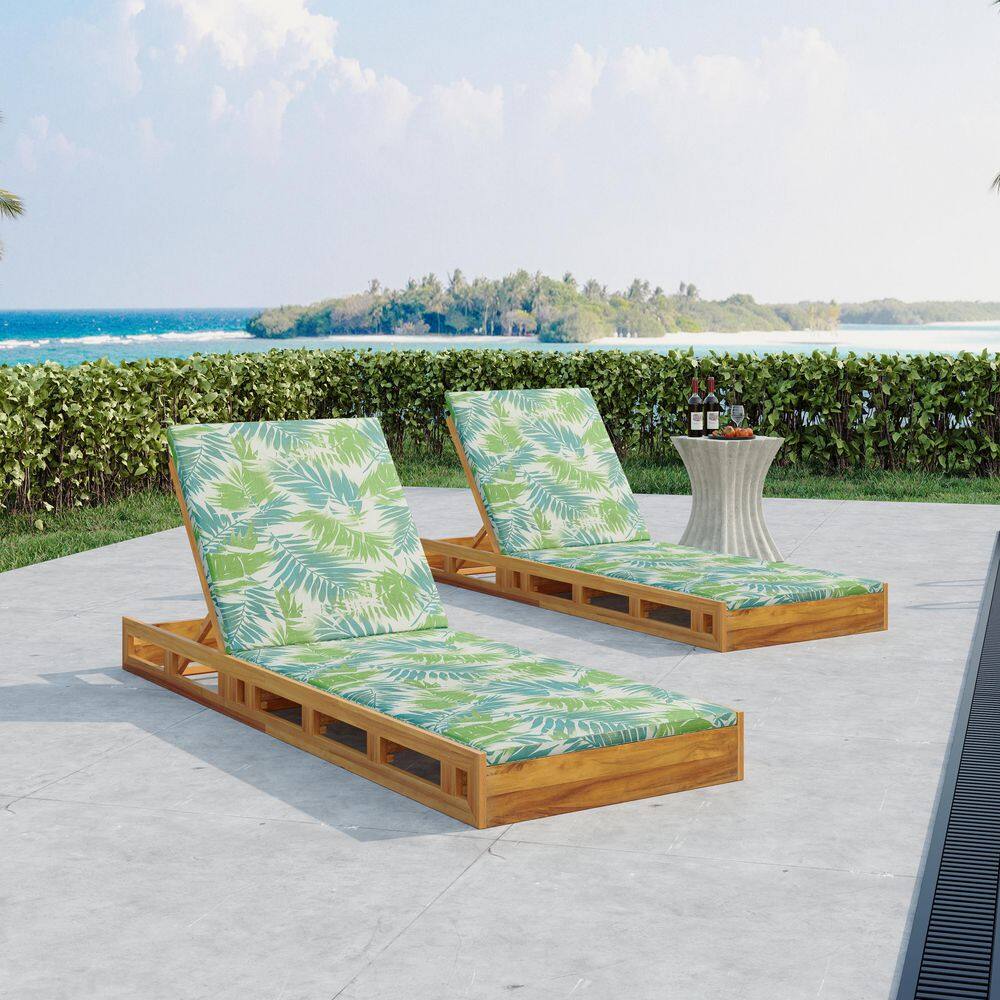 Gail Solid Wood Patio Outdoor Chaise Lounge with Green Leaf Cushion, Adjustable Backrest, Teak Finish, (Set of 2)