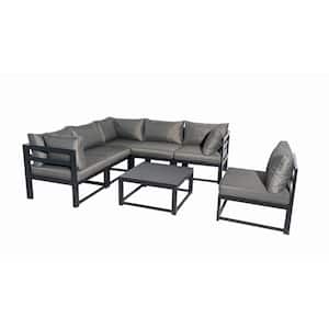 Outdoor Furniture Set, 7 Pieces Aluminum Sectional Sofa Set with Gray Cushion and Coffee Table - 3 Cornerplus 3 Middle