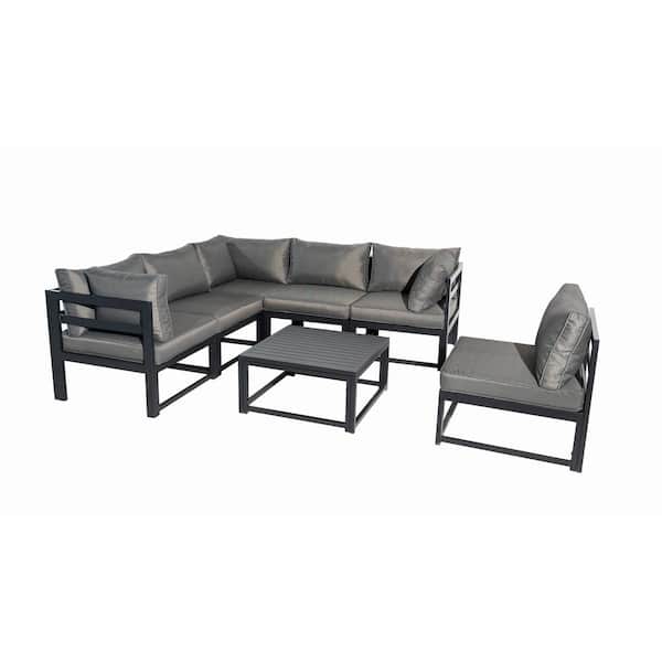 PATIOPTION Outdoor Furniture Set, 7 Pieces Aluminum Sectional Sofa Set with Gray Cushion and Coffee Table - 3 Cornerplus 3 Middle