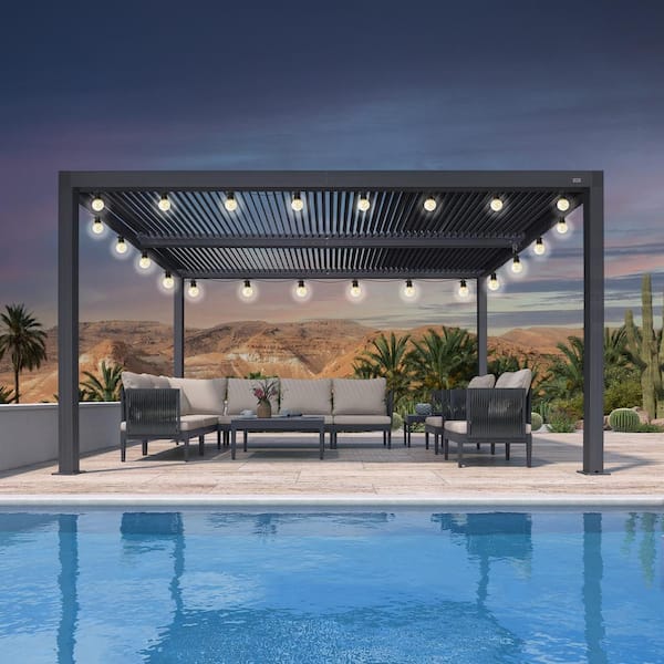 PURPLE LEAF 10 ft. x 14 ft. Gray Aluminum Frame Outdoor Louvered Pergola with Adjustable Sunshade Roof and Solar String Lights