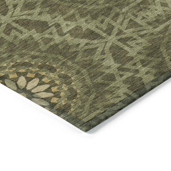 Olive Green, Artichoke Green, Gold 5 ft. x 8 ft. Woven Floral, Medallion Polyester Rectangle Indoor/Outdoor Area Rug