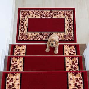Bordered Burgundy Red 8.5 in. x 26 in. Nylon Stair Tread Cover (1 Piece)